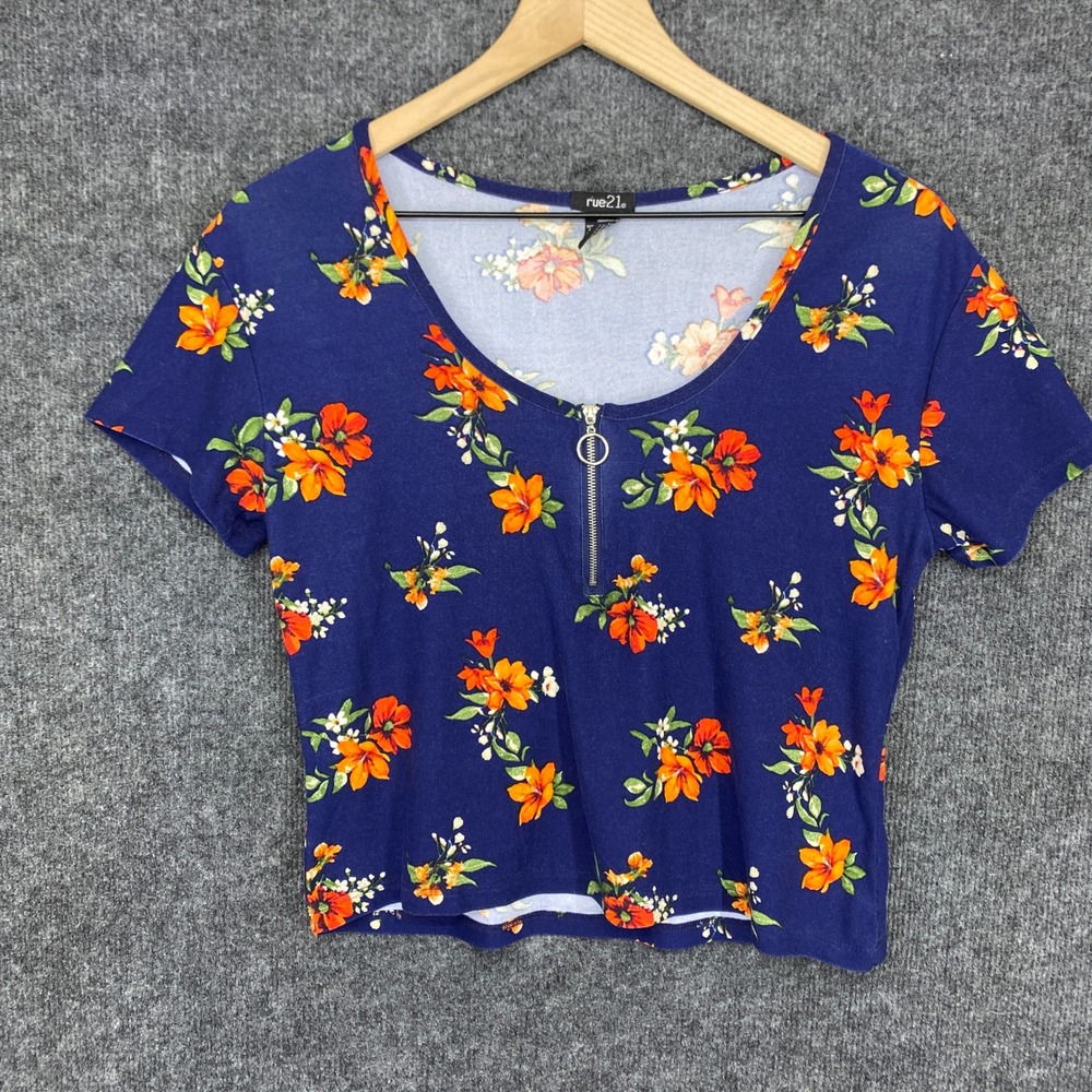 rue21 Womens XL Navy Blue Orange Floral Zip Front Scoop Neck Crop Top Tee